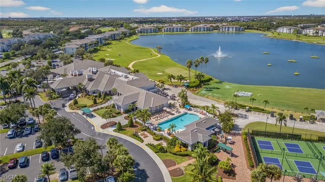 an aerial view of a building with outdoor space