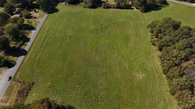 a view of a green yard with large trees