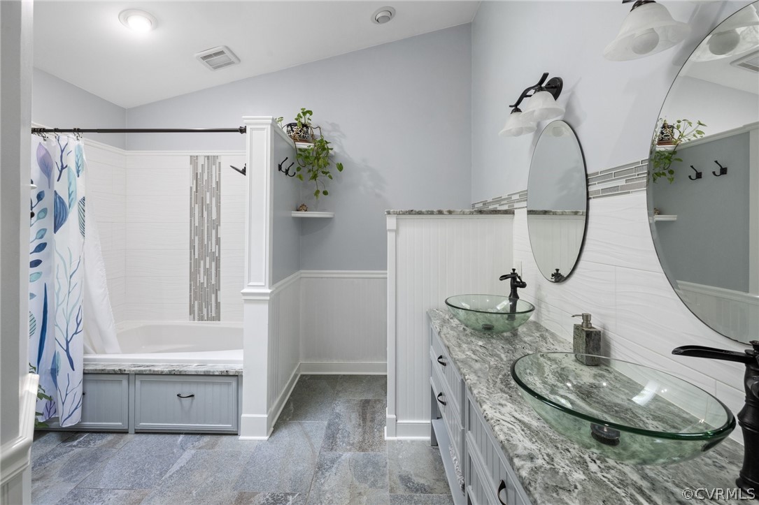 13817 Shadow Ridge Road Midlothian, VA 23112 - Photo 23 of 34 a bathroom with a granite countertop sink a mirror and shower