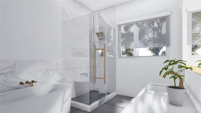a bath room with a bathtub and a shower