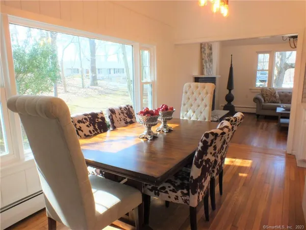 a view of a dining room with furniture window and wooden floor