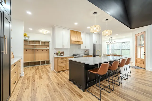 a view of a dining room with furniture