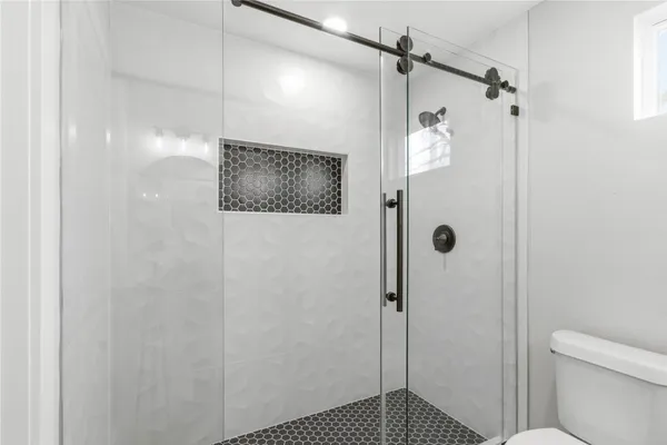 a bathroom with a shower and toilet