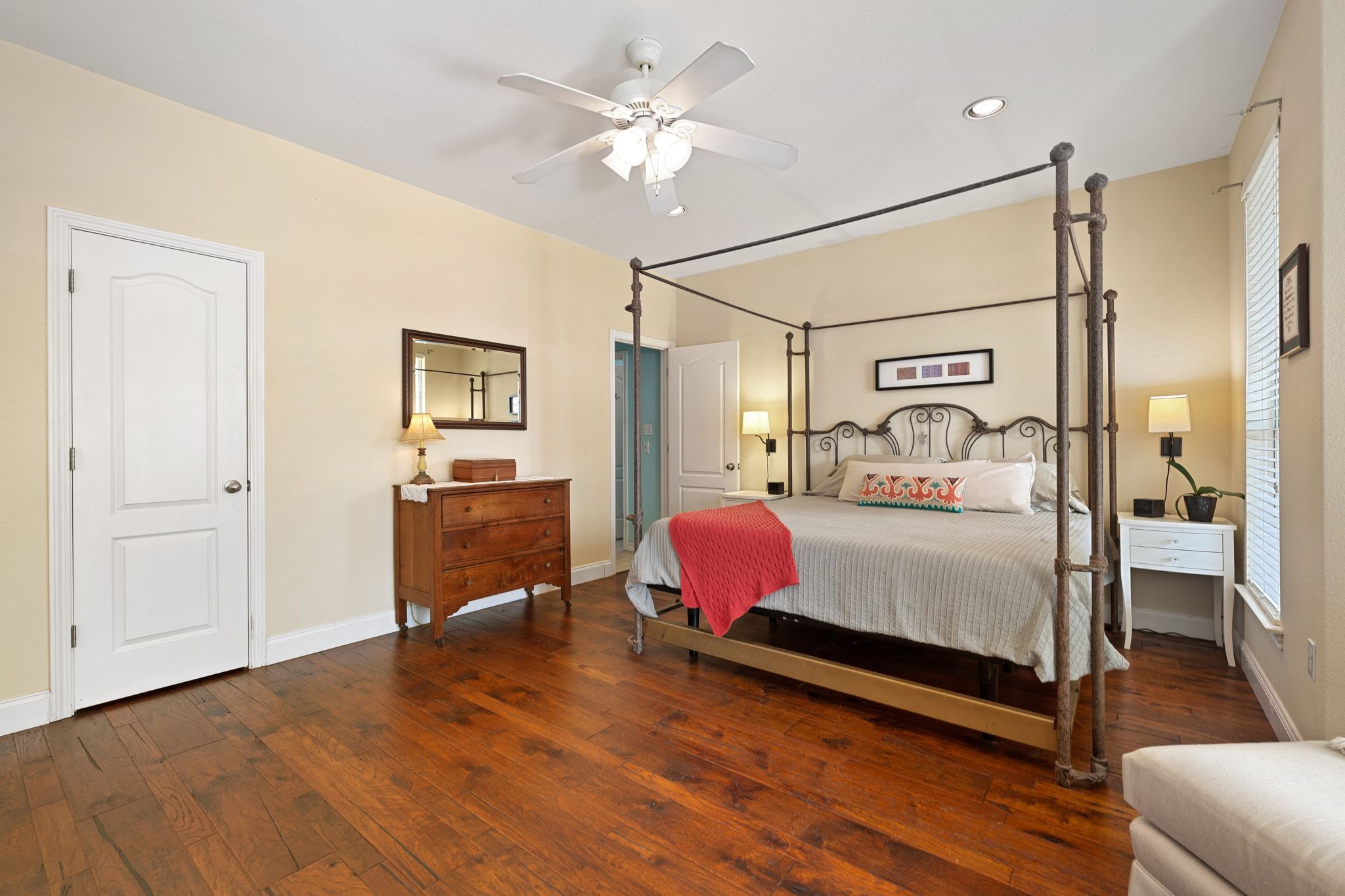 19045 Venture Drive Lago Vista, TX 78645 - Photo 14 of 40 Bedroom with dark wood-style flooring, ceiling fan, and recessed lighting