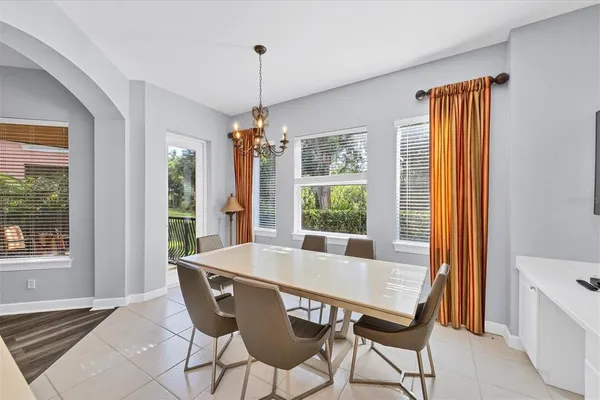 a view of a dining room with furniture window and outside view