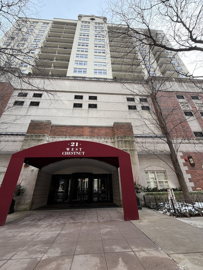 a front view of building with entrance