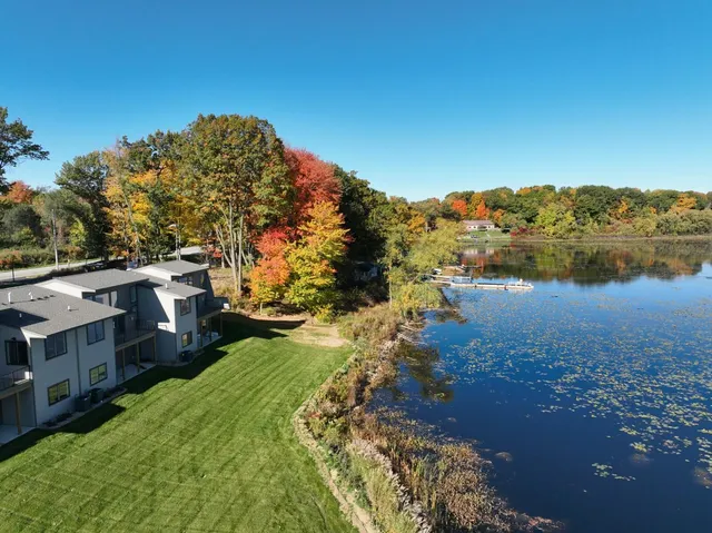a view of a lake with a mountain in the background