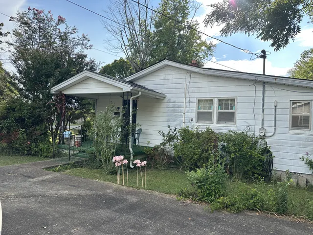 a view of a chair and table under an umbrella