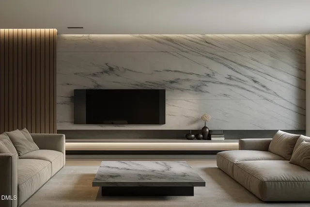 a dining room with furniture a chandelier and window