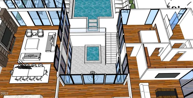 swimming pool view with couches in the patio