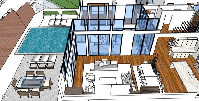 a view of a balcony with furniture