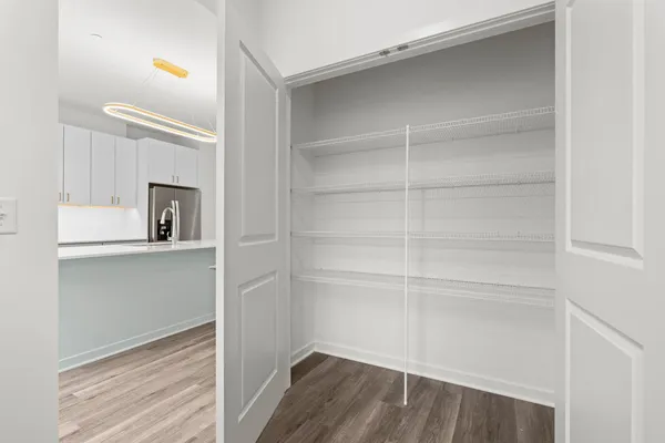 a room with walk in closet and wooden floor