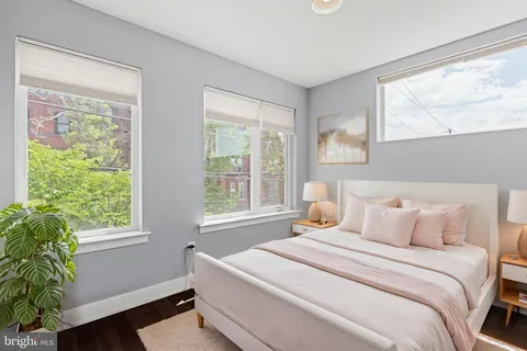 a bedroom with a large bed and a potted plant