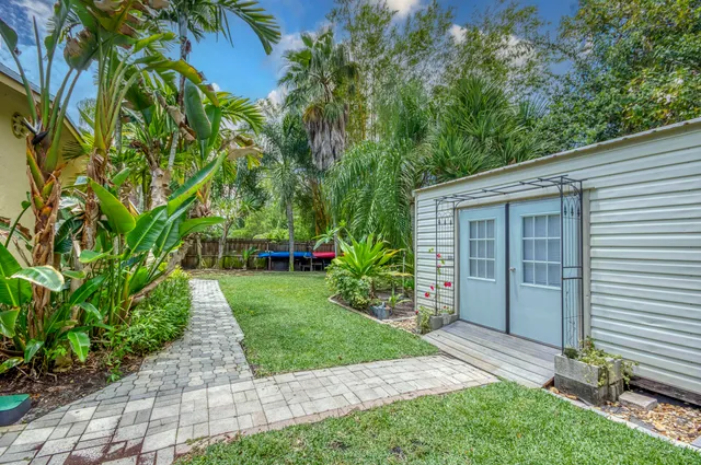 a view of a backyard with plants and large trees