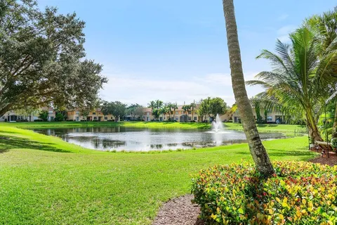 a view of a lake with a big yard and palm trees