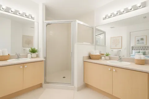 a bathroom with a shower sink and mirror