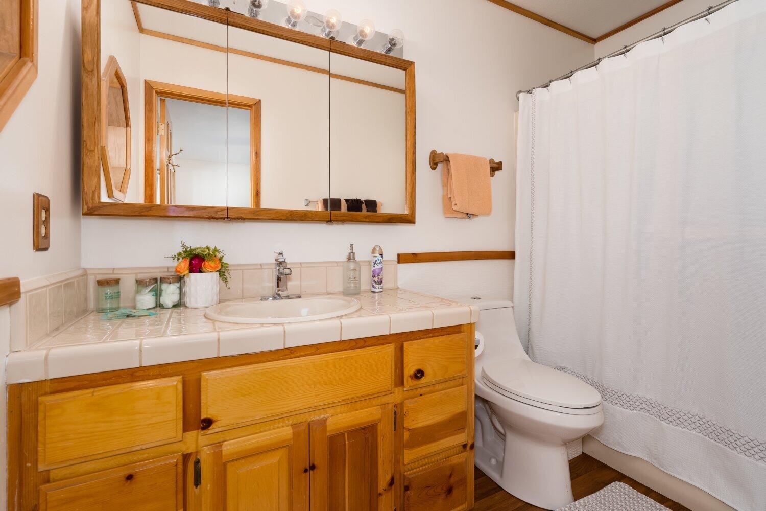 42363 Paramount Road Big Bear Lake, CA 92315 - Photo 23 of 38 a bathroom with a granite countertop sink mirror vanity and toilet