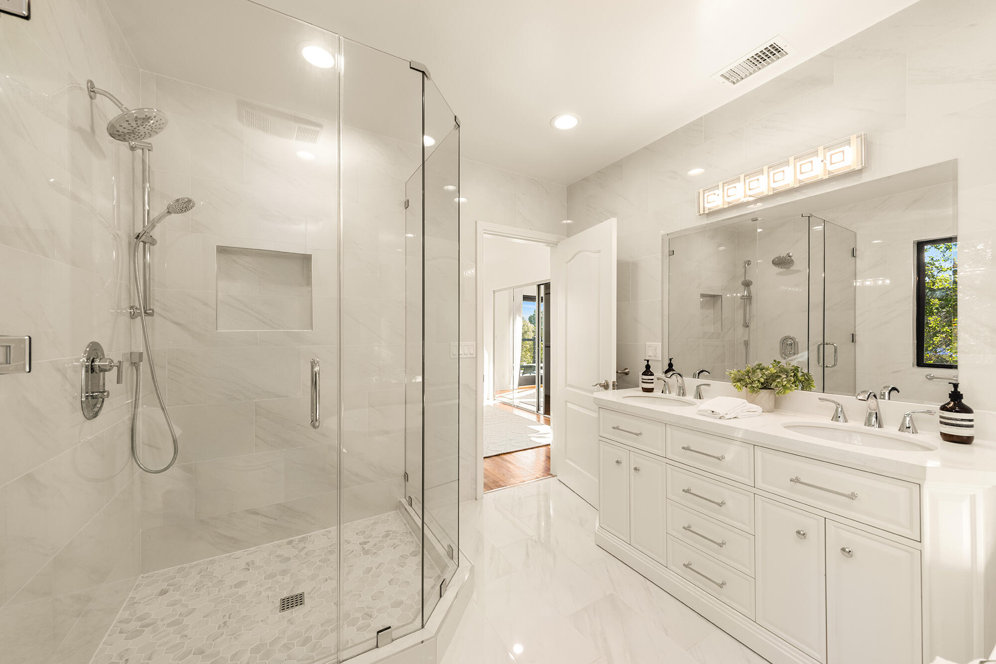 1068 Cuyama Road Ojai, CA 93023 - Photo 36 of 43 a bathroom with a double vanity sink mirror and shower