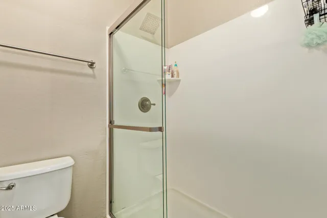 a bathroom with a shower and toilet