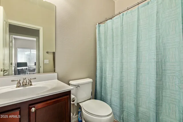 a bathroom with a sink a toilet a mirror and shower curtain