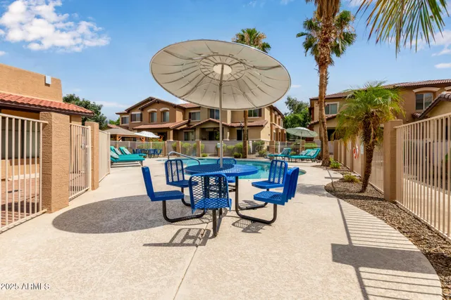 an outdoor space with seating