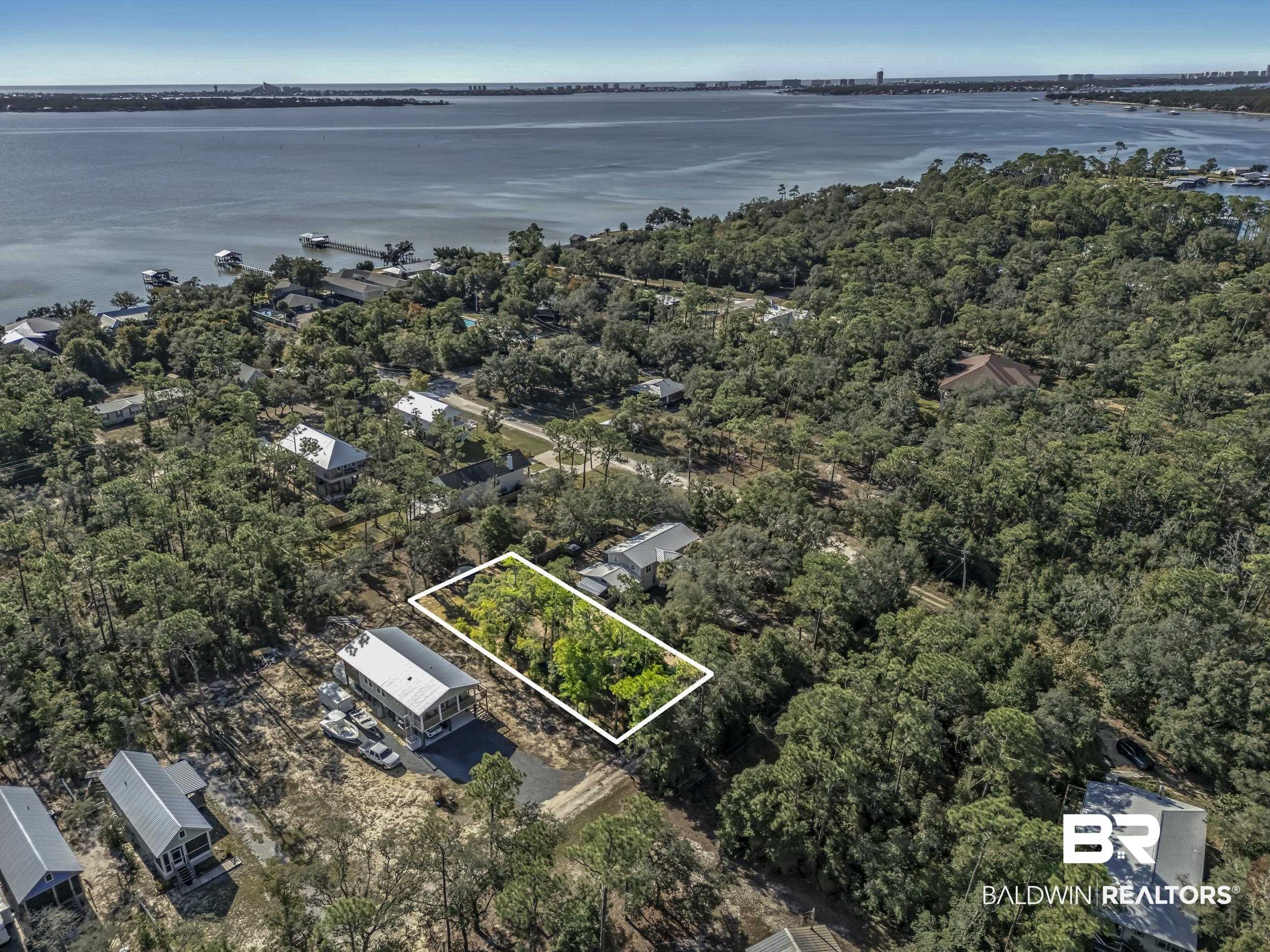 Pine Street Elberta, AL 36530 - Photo 4 of 13 Aerial view of property and surrounding area with property boundaries highlighted and a large body of water