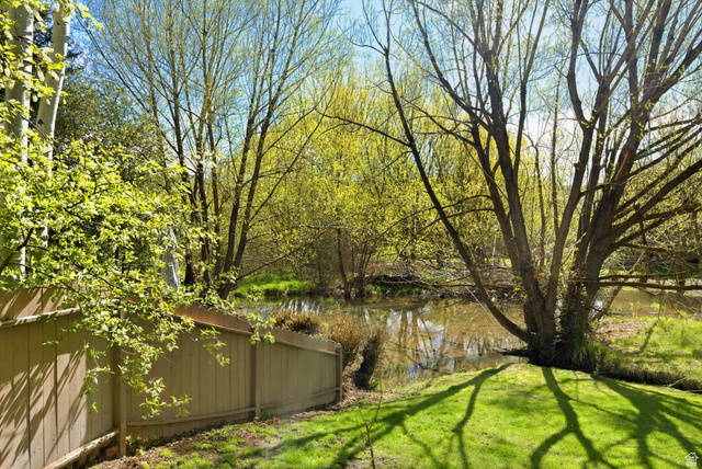 7935 Mustang Loop Road Park City, UT 84098 - Photo 14 of 60 Expansive green lawn bordering a natural water feature with mature trees and a wood fence