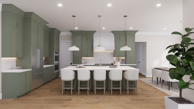 a kitchen with kitchen island stainless steel appliances a sink stove and wooden floor