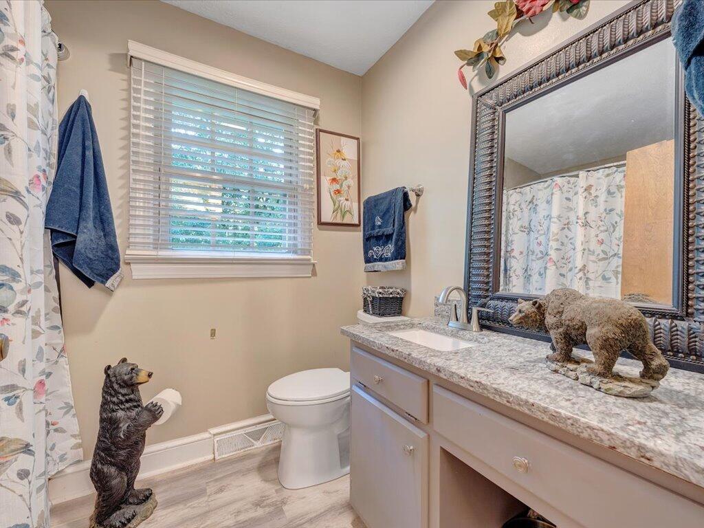 525 Mulberry Road Ridgeway, VA 24148 - Photo 27 of 55 a bathroom with a granite countertop sink a toilet and a mirror