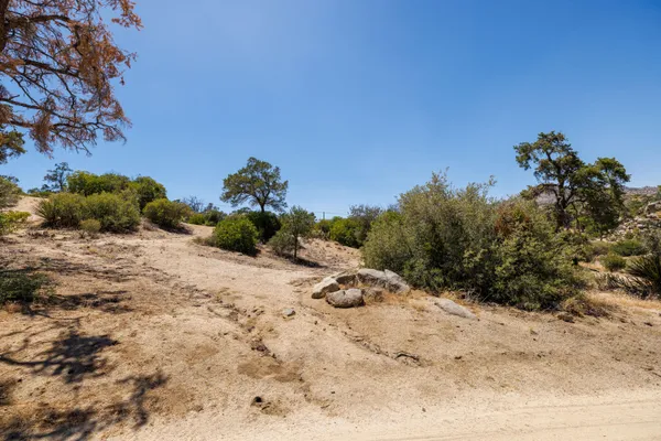 a view of a dry yard with mountains in the background