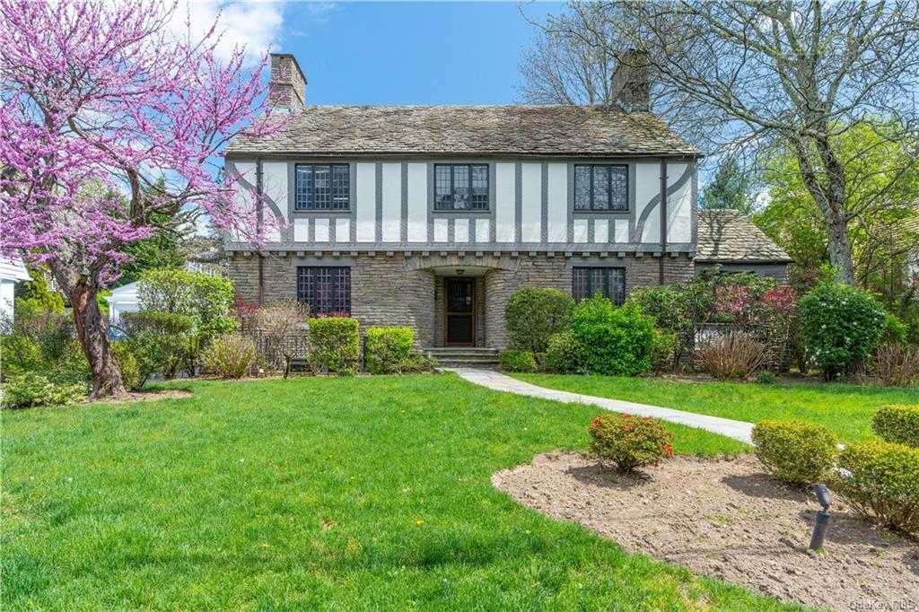 a view of a house with a yard and potted plants