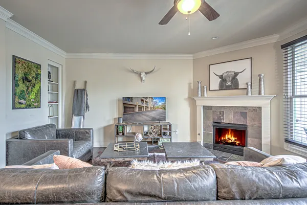 a living room with furniture and a fireplace