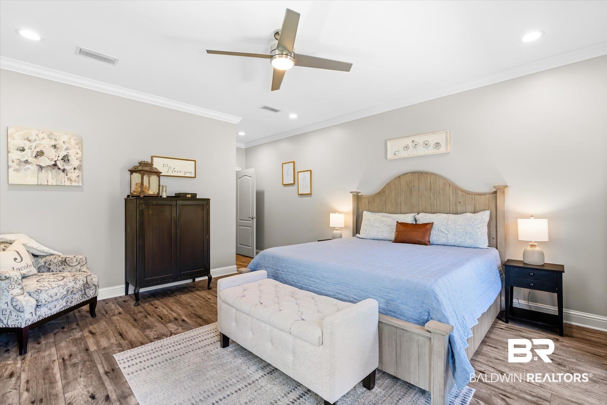14281 Timber Ridge Drive Loxley, AL 36551 - Photo 23 of 69 The Primary Suite Features a Coffered Ceiling, a Ceiling Fan and a Barn Door for the Bathroom