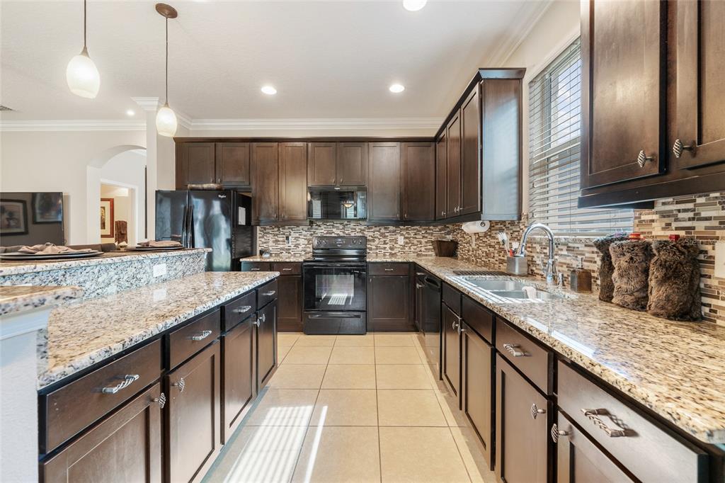4436 Azure Isle Way Kissimmee, FL 34744 - Photo 16 of 35 a kitchen with stainless steel appliances granite countertop a sink a stove and a wooden cabinets