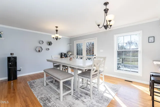 a view of a dining room with furniture window and wooden floor