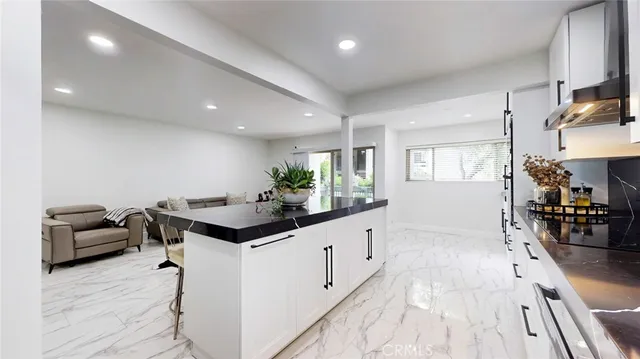 a kitchen with stainless steel appliances sinks a counter top space cabinets and a potted plant
