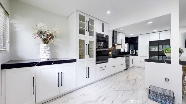 a large room with cabinets