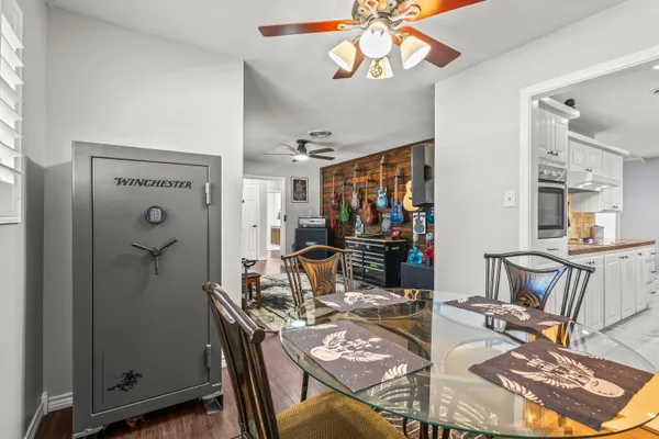 a view of a dining room with furniture