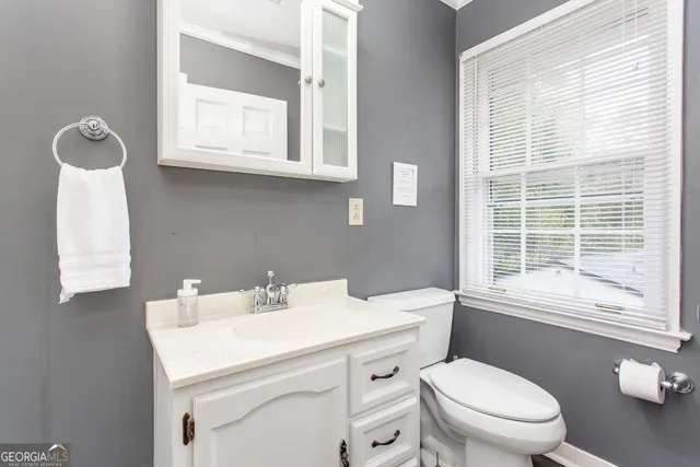 a bathroom with a toilet sink vanity and mirror