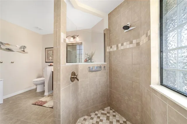 a bathroom with a shower and a toilet