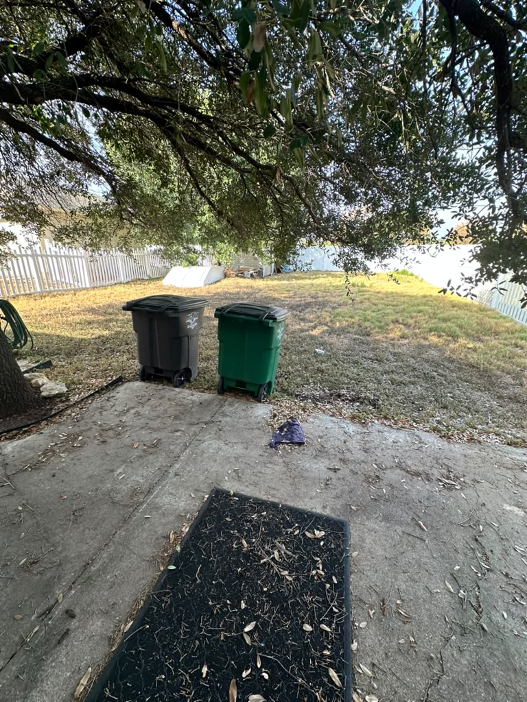 1981 Prairie Rock Way Round Rock, TX 78664 - Photo 20 of 22 Mature trees shade a concrete patio looking out over the fenced backyard.