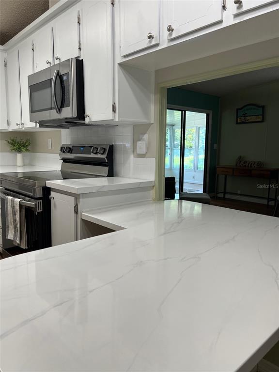 1001 Starkey Road, Unit 177 Largo, FL 33771 - Photo 11 of 44 a kitchen with stainless steel appliances granite countertop a stove and a microwave