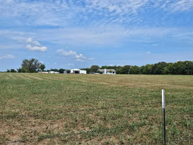 a view of a field with trees in the background