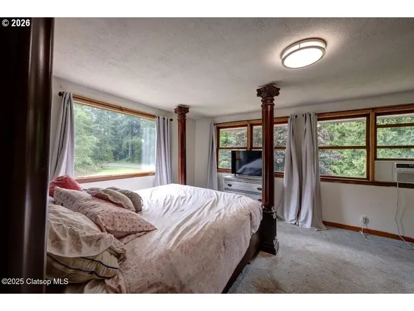 a bedroom with a bed window and a mirror