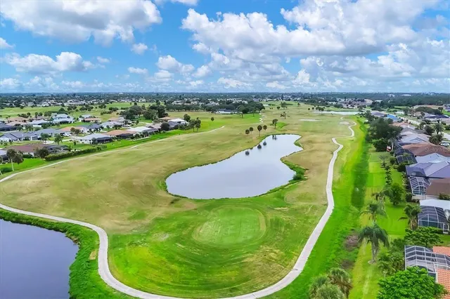 an aerial view of residential houses with outdoor space and trees