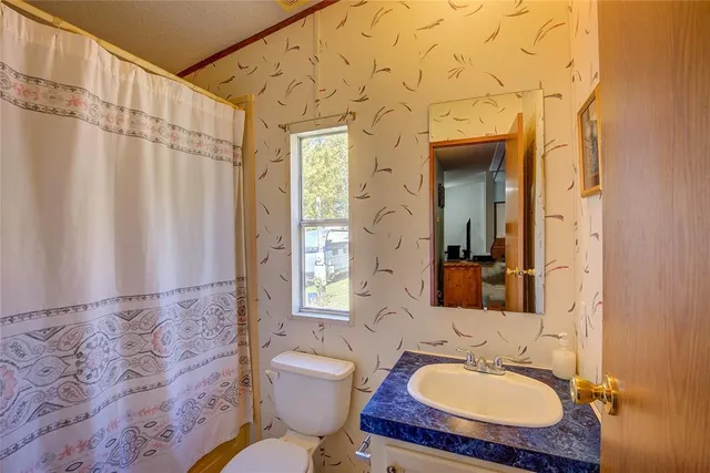 a bathroom with a granite countertop sink toilet a mirror and shower curtain