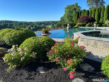a view of a garden with a lot of flower plants and wooden fence