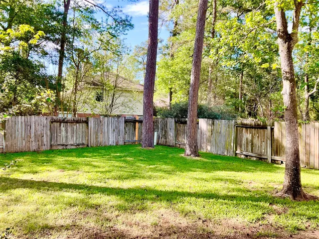 a view of a yard with large trees and wooden fence