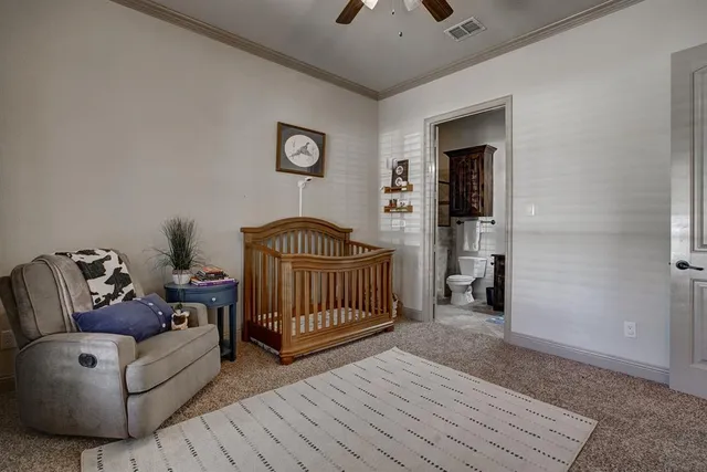 a bedroom with furniture and a rug
