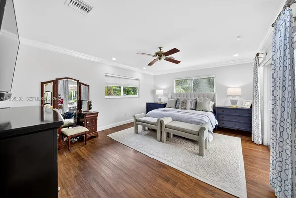 a bedroom with furniture and a wooden floor